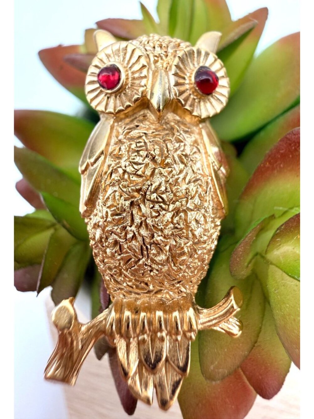 Crown Trifari Owl Brooch Vintage Gold-Tone Owl Red Rhinestone Eyes Textured Body